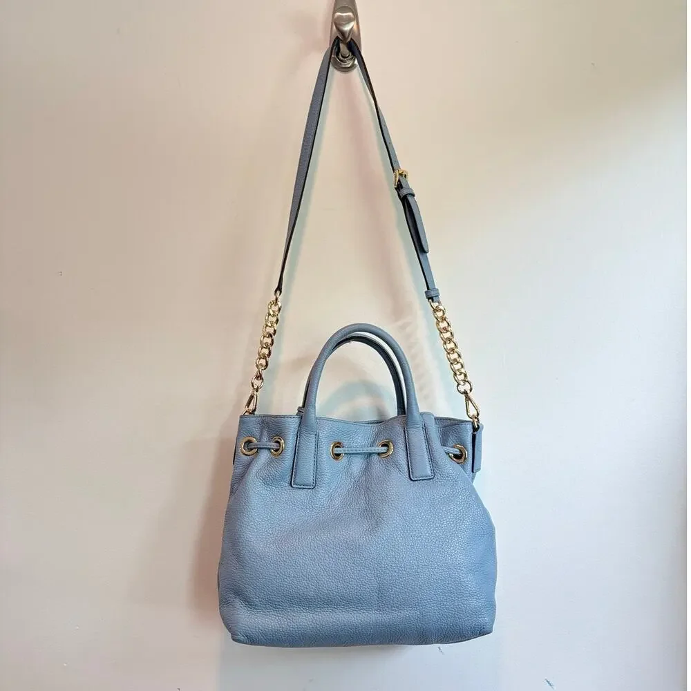 Michael Kors Camden Medium Drawstring Satchel Powder Blue Pebbled Leather Bag